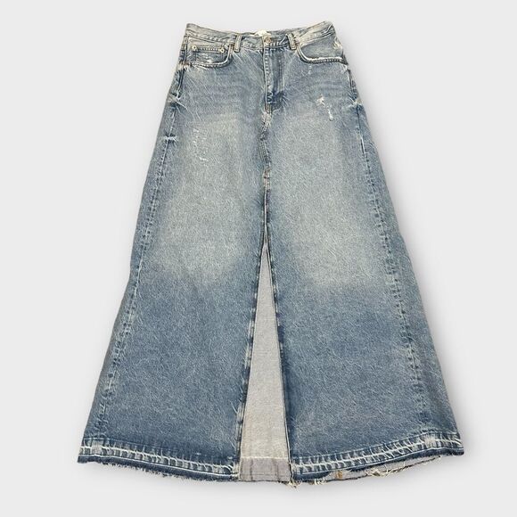 Zara Jean Denim Maxi Skirt Y2K High Waist Distressed Raw Hem Front Slit Skirt - Picture 6 of 11